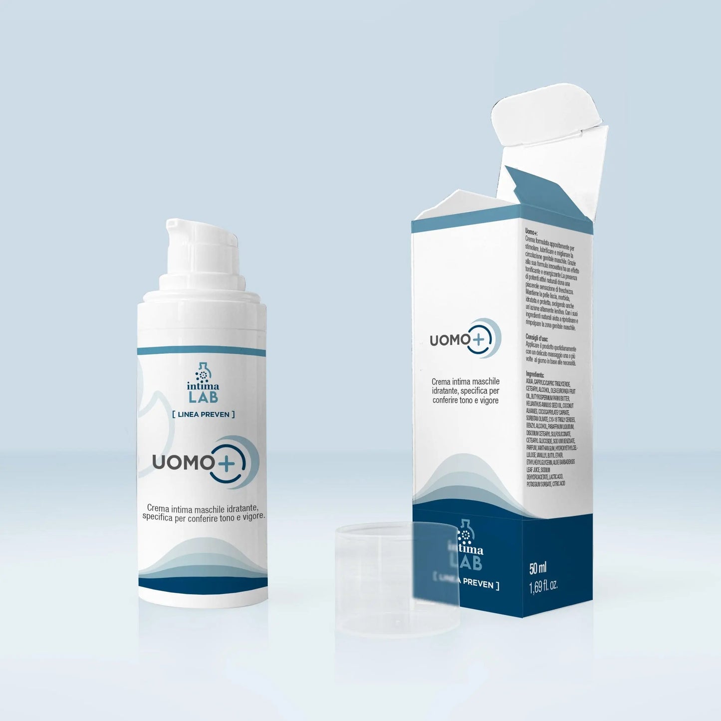 Crema Idratante intima corpo Uomo tonificante e Rinvigorente deodorante di Intimalab con astuccio. Formula Naturale biologica, arricchita con acido ialuronico. La migliore crema da uomo che Tonifica e rinvigorisce la zona intima. Migliora la circolazione e l'erezione offrendo una piacevole sensazione di calore stimolante.