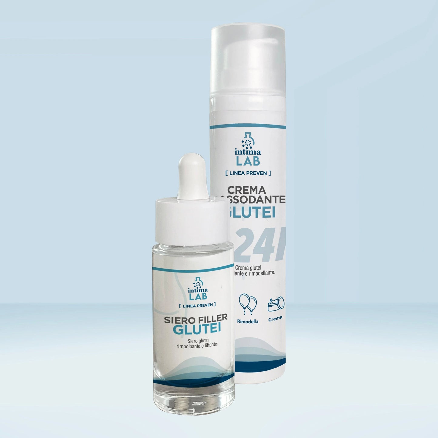 Kit crema rassodante glutei PUSH UP con siero LIFT UP drenante anticellulite di Intimalab. Formula vegana con acido ialuronico e estratti vegetali, dermatologicamente testata per idratare, riempire, drenare, tonificare, rimodellare e alzare i glutei, migliorandone l'elasticità e la compattezza.