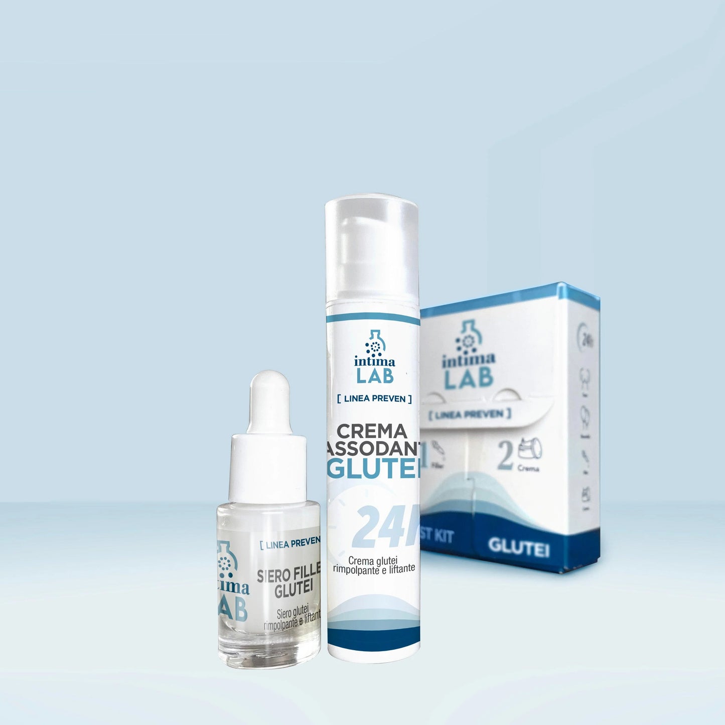 Mini Kit rassodante glutei siero e crema biologici con effetto lift up e push-up naturale, di Intimalab. Formula vegana con acido ialuronico e estratti vegetali per idratare, tonificare e rimodellare e alzare i glutei, migliorandone l'elasticità e la compattezza. Formato tascabile.
