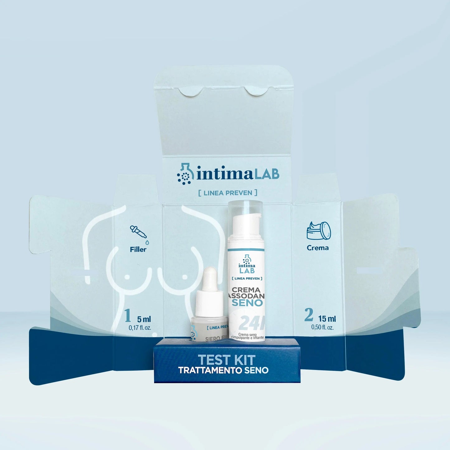 Foto del travel kit aperto con i prodotti disposti all'interno IntimaLAB-test_kit_rassodante_seno-effetto_tonificante_riempitivo_rimodellante_idratante_push_up-trattamento_intensivo-flacone_siero_5ml_crema_15ml_con_pack
