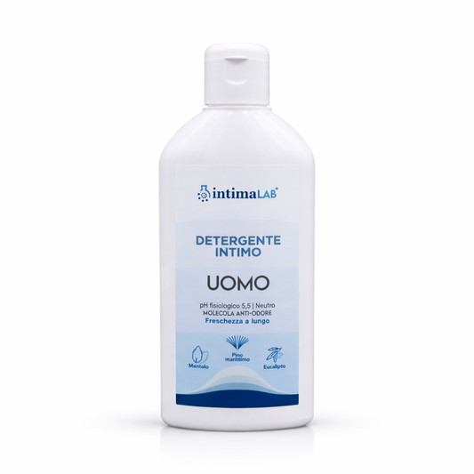 Detergente intimo uomo IntimaLab anti-odore. Formula rinfrescante con mentolo, pino ed eucalipto - 200ml.