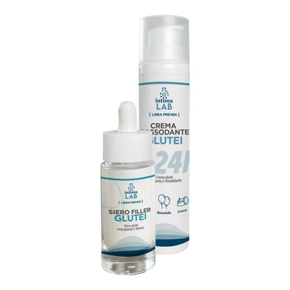 Kit glutei IntimaLab con crema rassodante PUSH UP e siero LIFT UP. Formula dermatologicamente testata con acido ialuronico per migliorare elasticità e compattezza cutanea.