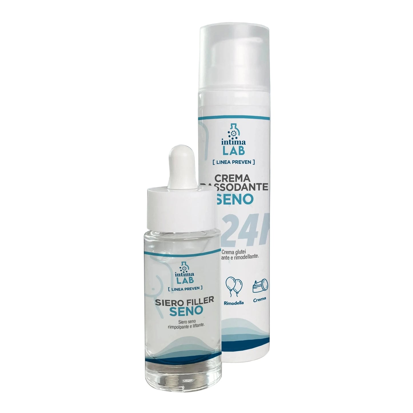 Kit seno IntimaLab con crema rassodante push up e siero lift up. Formula con acido ialuronico e burro di karité per idratare e migliorare la compattezza cutanea.