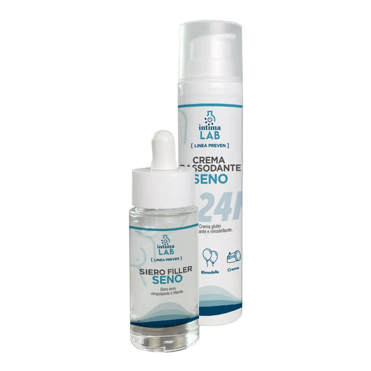 Kit seno IntimaLab con crema rassodante push up e siero lift up. Formula con acido ialuronico e burro di karité per idratare e migliorare la compattezza cutanea.